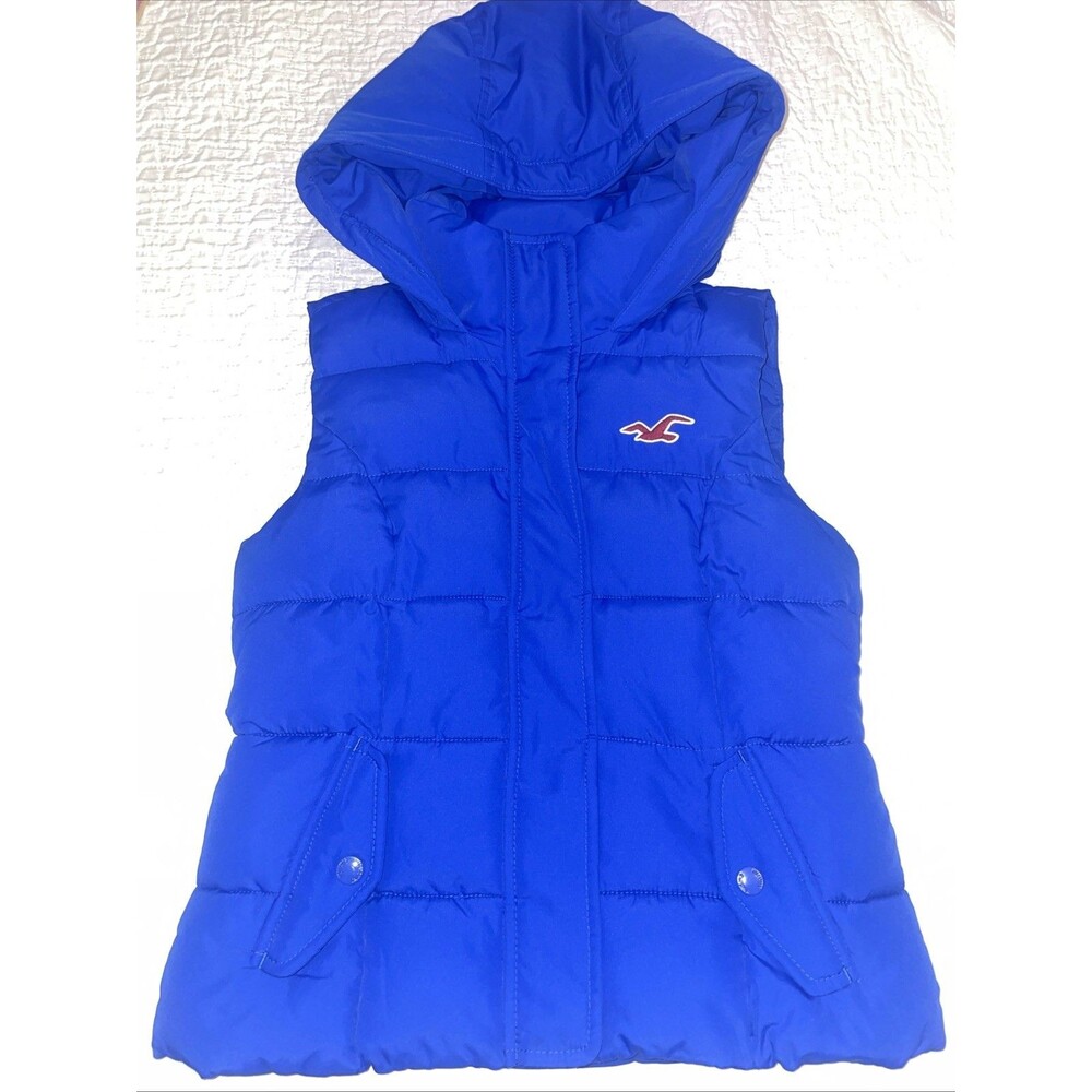Hollister Women’s Blue Puffer Vest With Hood Pockets Size Small Fits Like XS